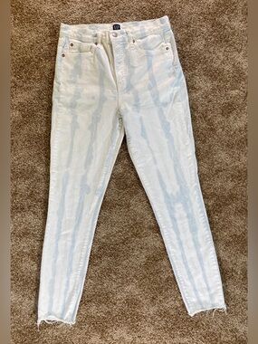 GAP True Skinny Jeans 8/29 Tall White & Blue Tie Dye High Rise Raw Hem Stretch